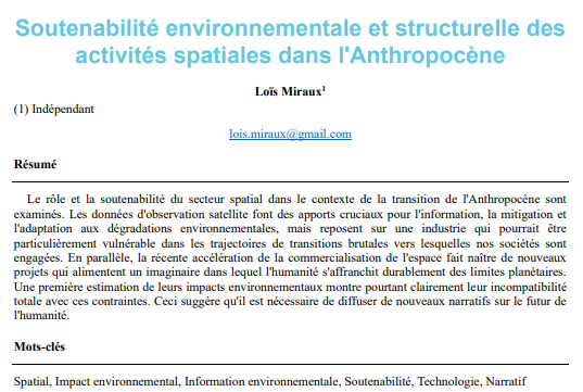 Soutenabilité environnementale et structurelle des activités spatiales dans l'Anthropocène