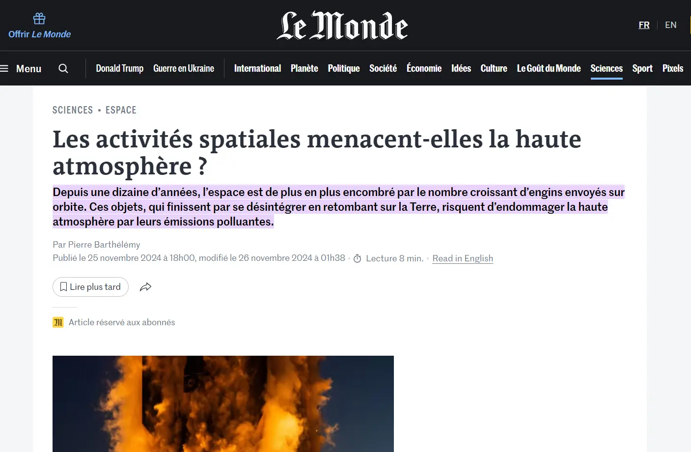 Le Monde: Are space activities threatening the upper atmosphere?